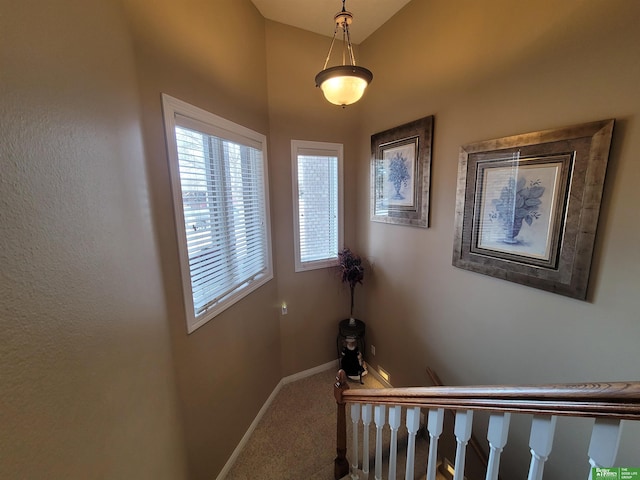 stairway with carpet and baseboards