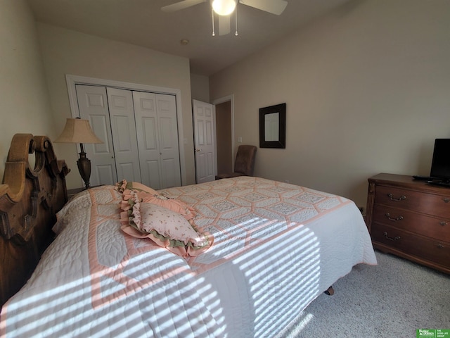 bedroom featuring a closet, a ceiling fan, and carpet flooring