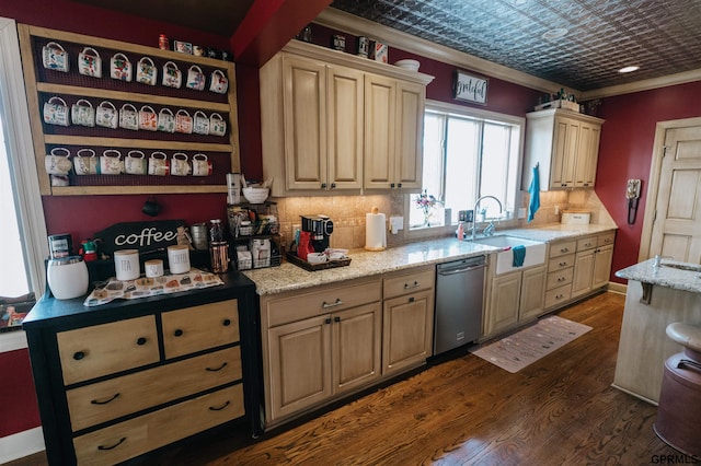 kitchen with an ornate ceiling, crown molding, backsplash, a sink, and dishwasher