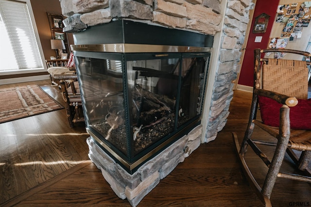 details featuring a fireplace, baseboards, and wood finished floors