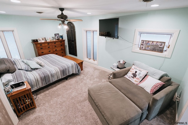 bedroom with carpet floors, recessed lighting, and ceiling fan