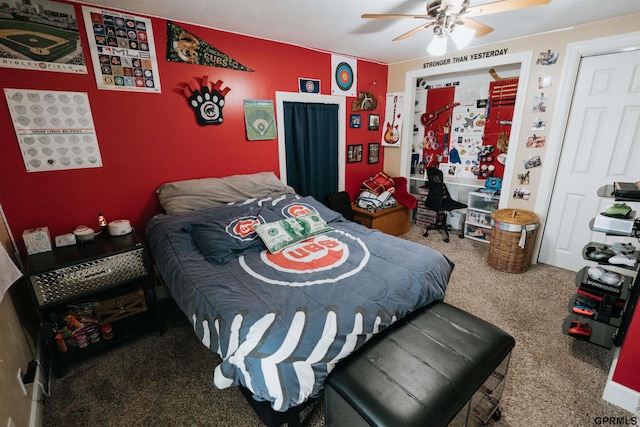 carpeted bedroom with ceiling fan