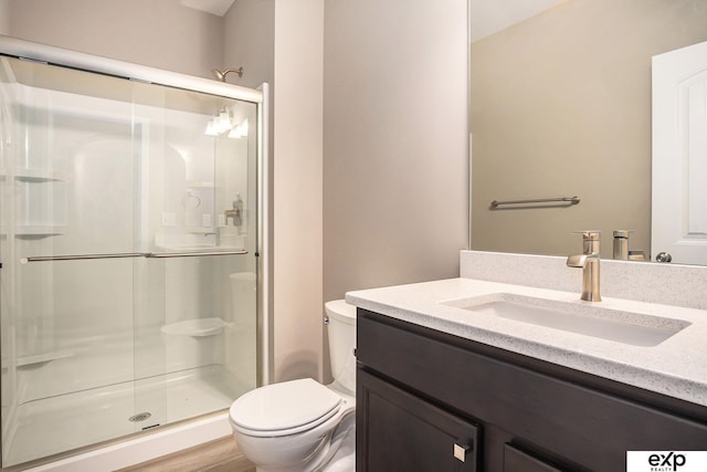 full bathroom featuring a stall shower, vanity, and toilet