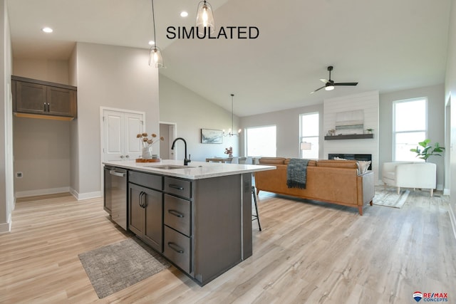 kitchen with a large fireplace, a sink, an island with sink, light wood-type flooring, and dishwasher