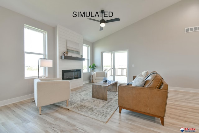 living area with a wealth of natural light, a large fireplace, visible vents, and light wood finished floors