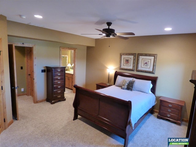 bedroom featuring a ceiling fan, recessed lighting, light carpet, and baseboards