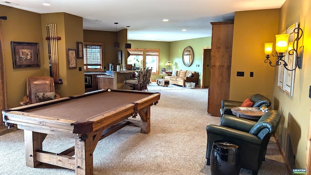 playroom featuring carpet floors, billiards, and recessed lighting