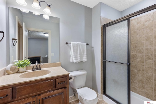 bathroom with toilet, ensuite bath, a textured ceiling, vanity, and a shower stall