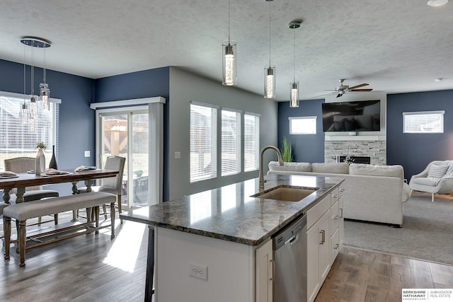 kitchen featuring wood finished floors, a sink, a stone fireplace, white cabinets, and stainless steel dishwasher