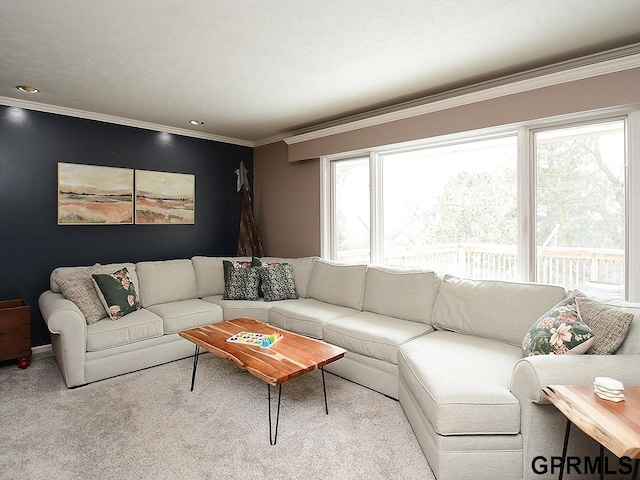 carpeted living room featuring ornamental molding