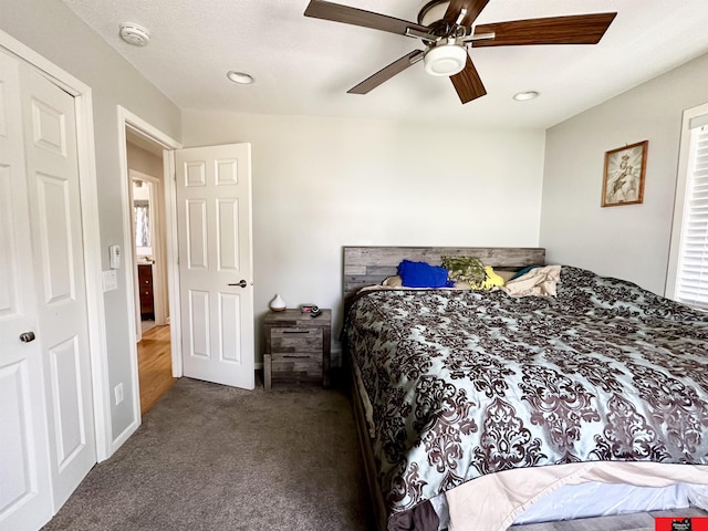 bedroom with carpet flooring, a ceiling fan, and recessed lighting