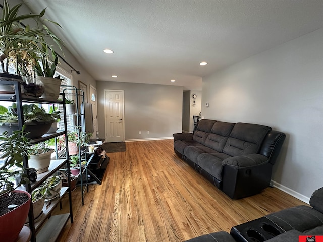 living area featuring recessed lighting, a textured ceiling, baseboards, and wood finished floors