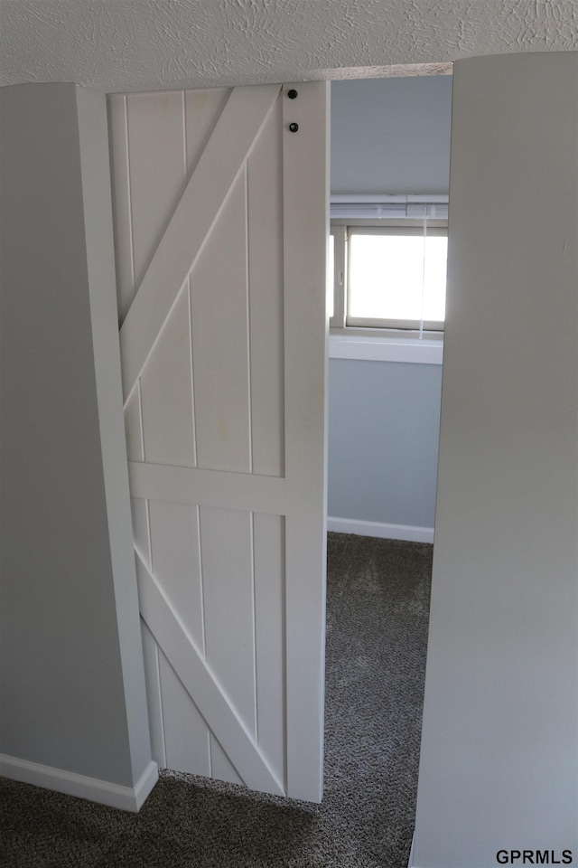 interior space featuring carpet, a textured ceiling, and baseboards