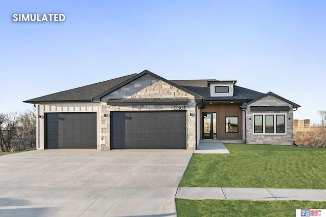 view of front of house with driveway, a garage, a shingled roof, stone siding, and a front lawn