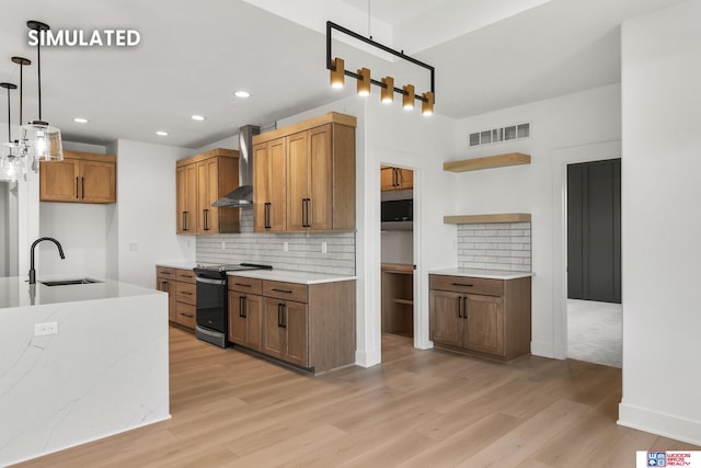 kitchen featuring black electric range, open shelves, backsplash, a sink, and wall chimney exhaust hood