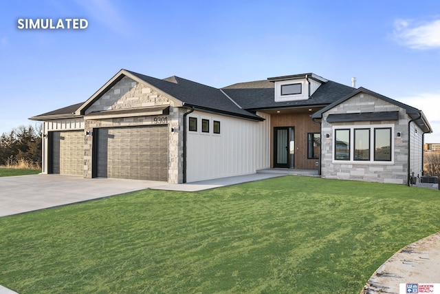 view of front of house featuring a front yard, stone siding, an attached garage, and concrete driveway