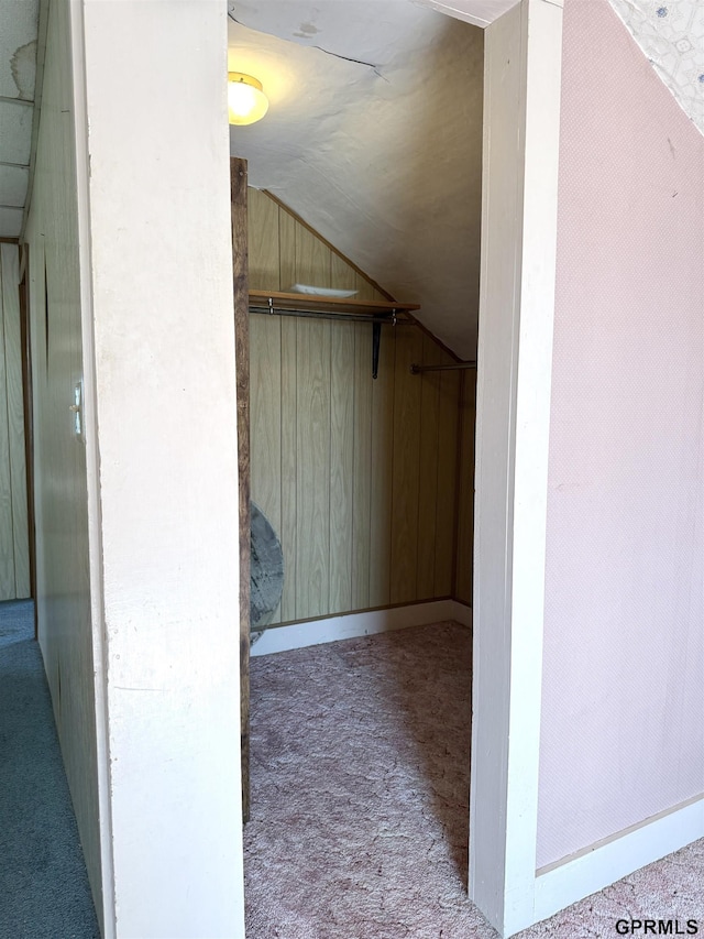 additional living space featuring lofted ceiling, carpet flooring, and wood walls