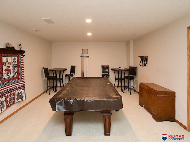 game room featuring billiards, baseboards, visible vents, carpet flooring, and recessed lighting