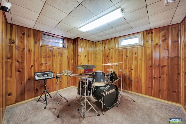 rec room with carpet floors, visible vents, wooden walls, and baseboards