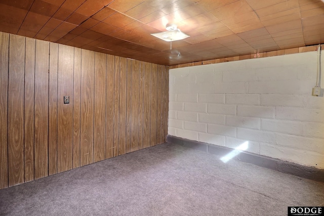 unfurnished room featuring carpet floors and wood walls