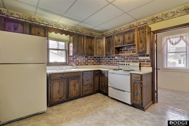 kitchen with a paneled ceiling, dark brown cabinetry, white appliances, a sink, and light countertops