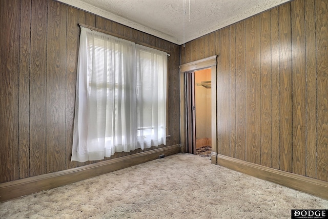 carpeted spare room featuring a textured ceiling, wooden walls, and a healthy amount of sunlight