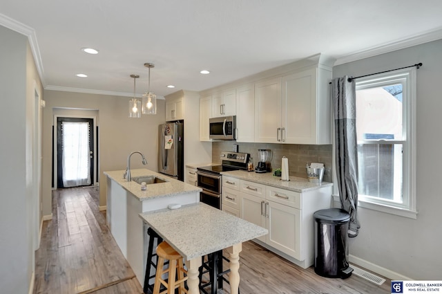 kitchen with visible vents, decorative backsplash, appliances with stainless steel finishes, a kitchen island with sink, and a sink