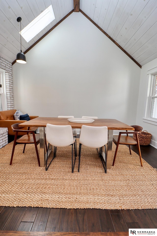 dining room with high vaulted ceiling, wood ceiling, beamed ceiling, and wood finished floors