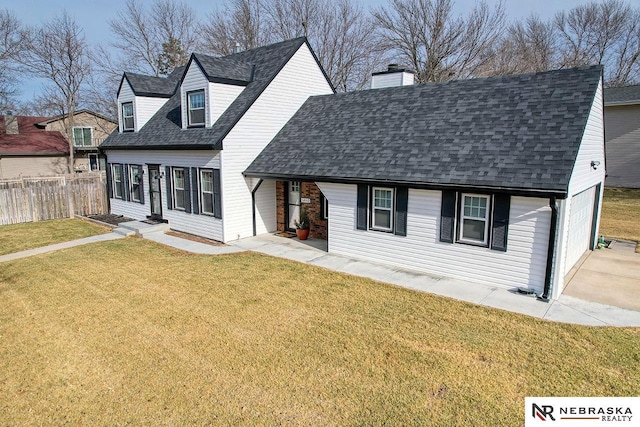 cape cod-style house featuring a shingled roof, a chimney, fence, and a front lawn