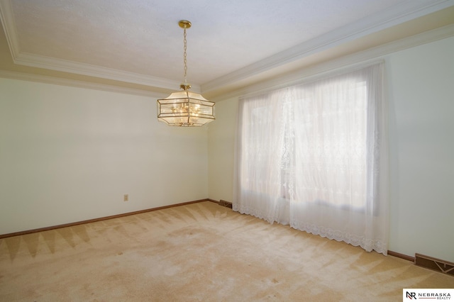 empty room with a raised ceiling, light colored carpet, and crown molding