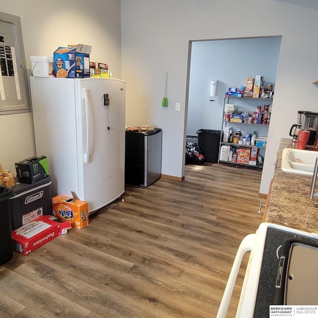 kitchen with a sink, electric panel, wood finished floors, and freestanding refrigerator