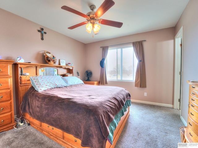 bedroom featuring carpet, baseboards, and ceiling fan