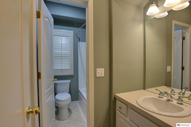 bathroom featuring toilet, tile patterned flooring, shower / tub combo with curtain, and vanity