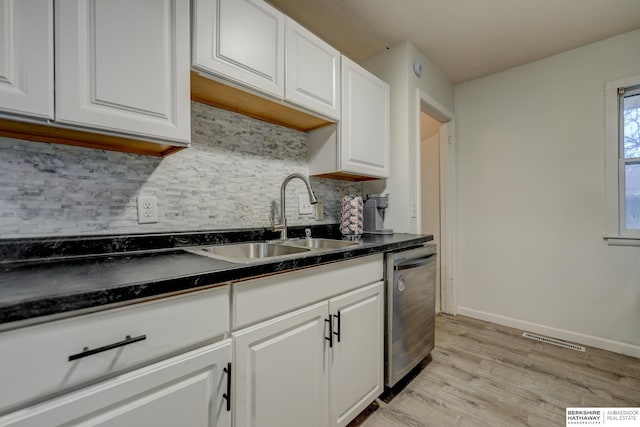 kitchen featuring dark countertops, visible vents, white cabinetry, a sink, and dishwasher