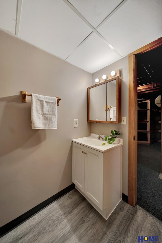 bathroom with vanity, baseboards, and wood finished floors