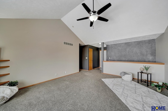 unfurnished living room featuring baseboards, visible vents, a ceiling fan, carpet flooring, and high vaulted ceiling