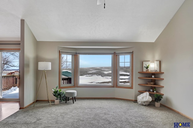 living area with carpet floors, baseboards, and vaulted ceiling