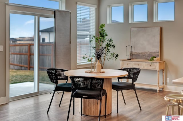 dining space featuring wood finished floors and baseboards