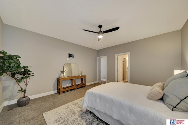 bedroom featuring carpet flooring, ceiling fan, and baseboards