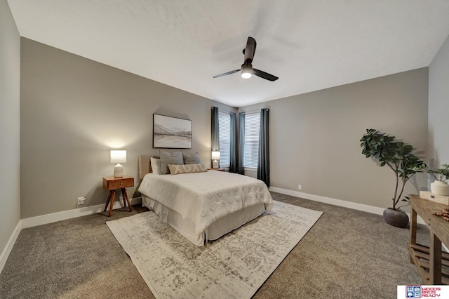 bedroom with carpet flooring, a ceiling fan, and baseboards