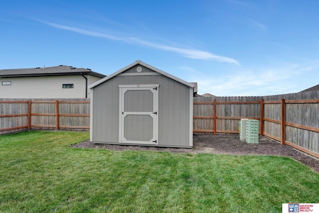 view of shed with a fenced backyard