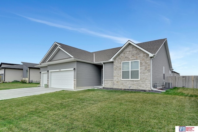 single story home with driveway, a garage, stone siding, central air condition unit, and a front lawn