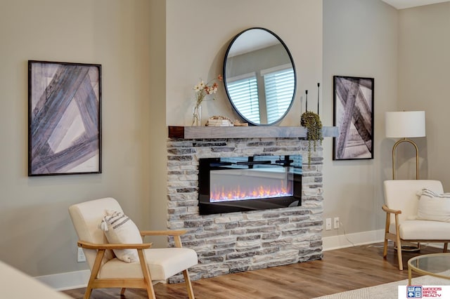 interior space with a stone fireplace, wood finished floors, and baseboards