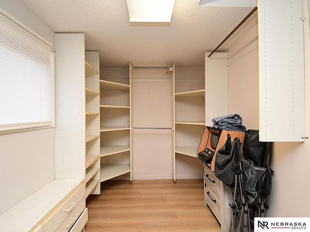 walk in closet with light wood-style flooring