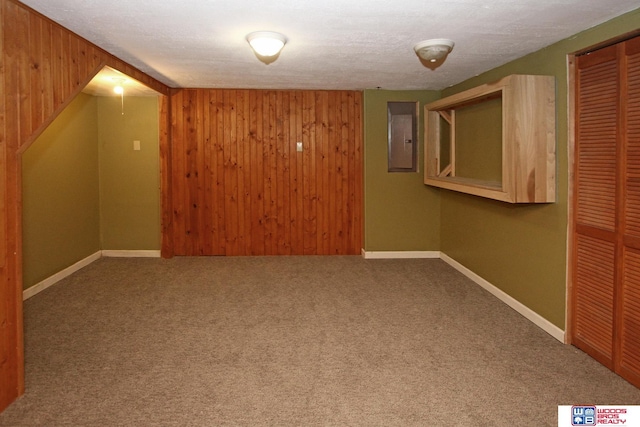 interior space featuring wood walls, carpet flooring, electric panel, and baseboards