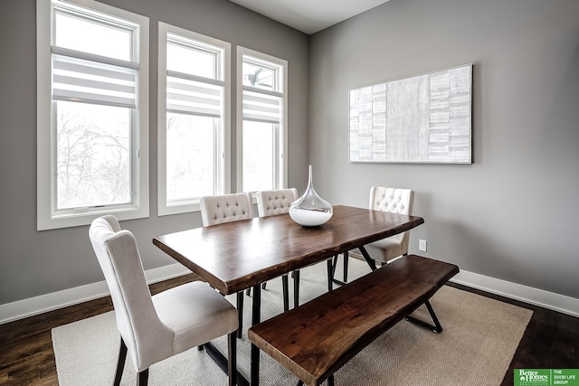 dining space featuring dark wood-style floors and baseboards