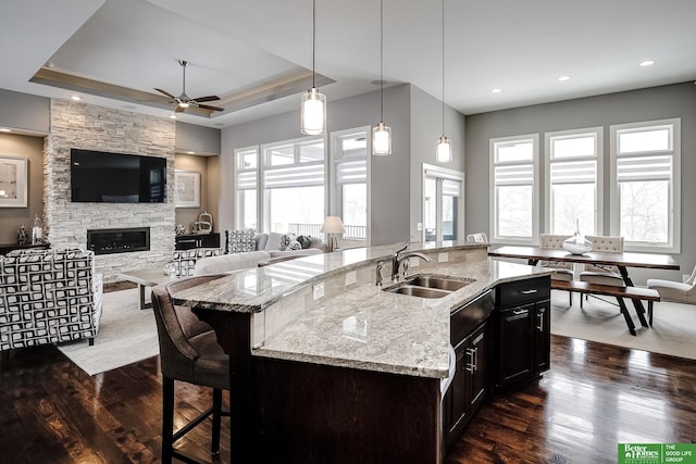 kitchen featuring dark wood-type flooring, a tray ceiling, open floor plan, and a sink