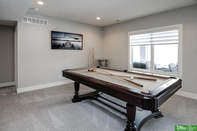 game room with billiards, baseboards, visible vents, carpet flooring, and recessed lighting