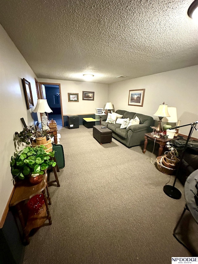 carpeted living room with a textured ceiling