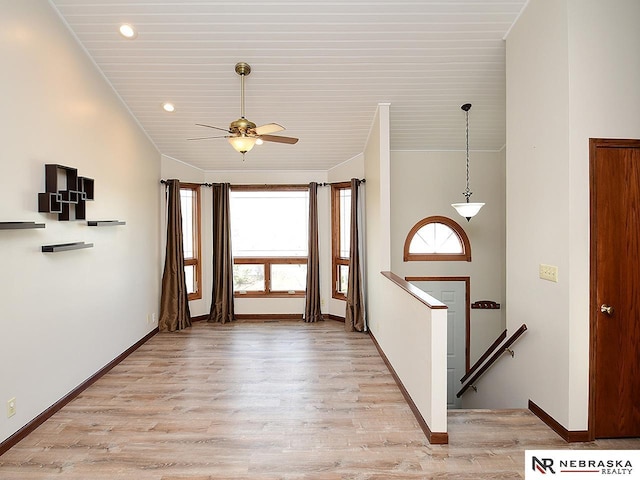 entrance foyer with light wood finished floors, baseboards, a ceiling fan, and recessed lighting